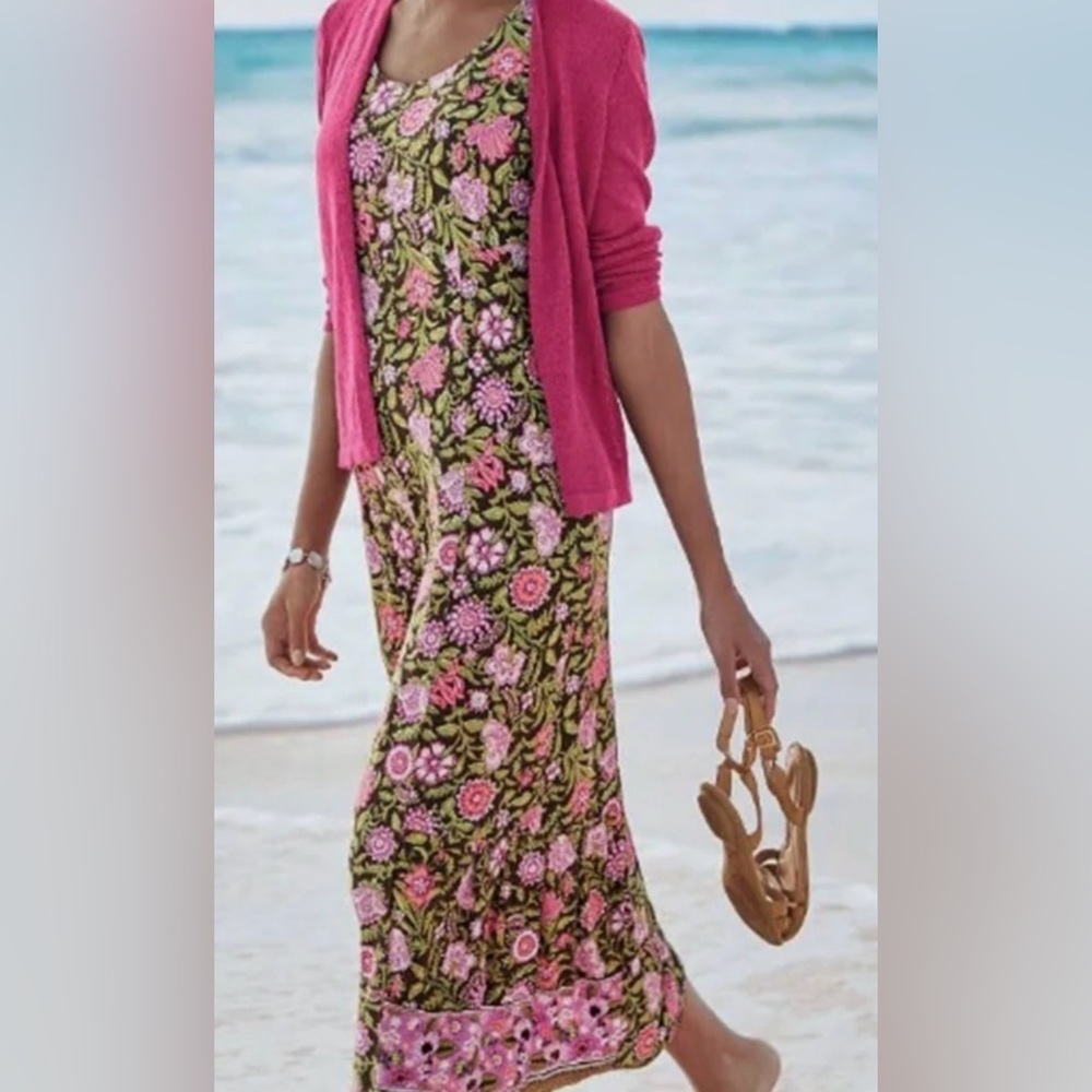 J. Jill Maxi Sleeveless Brown Pink Green Floral Tank Stretchy Dress in Size S‌